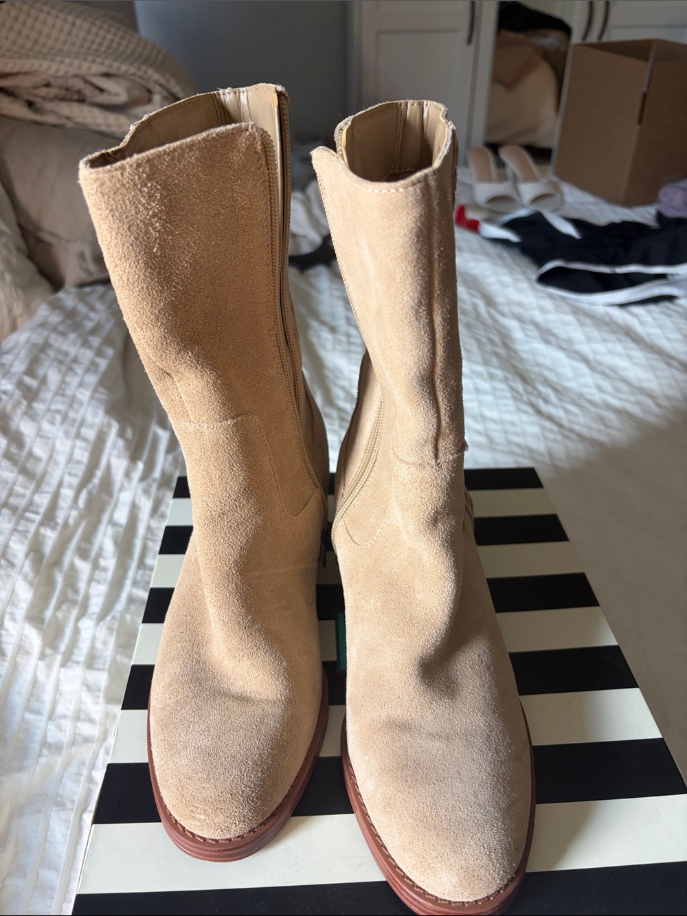 Vince Camuto Tan Suede Mid-Calf Block Heel Boots